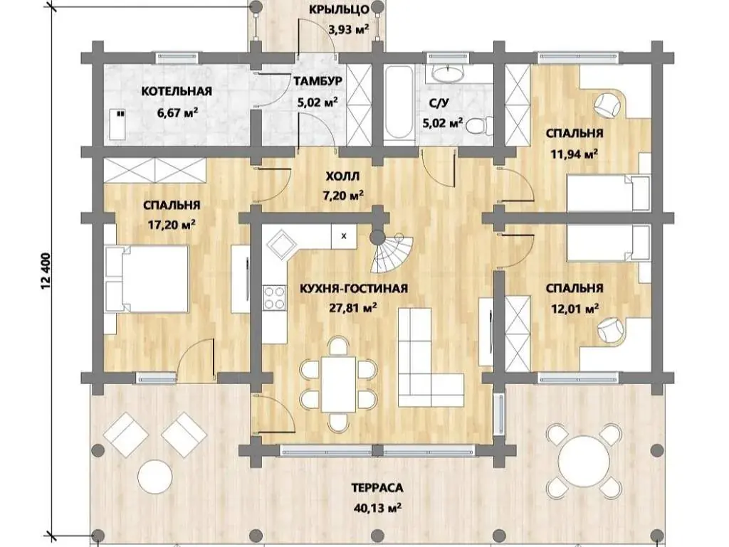 Планировка одноэтажного дома «Истра», 157 м², с тремя спальнями и террасой