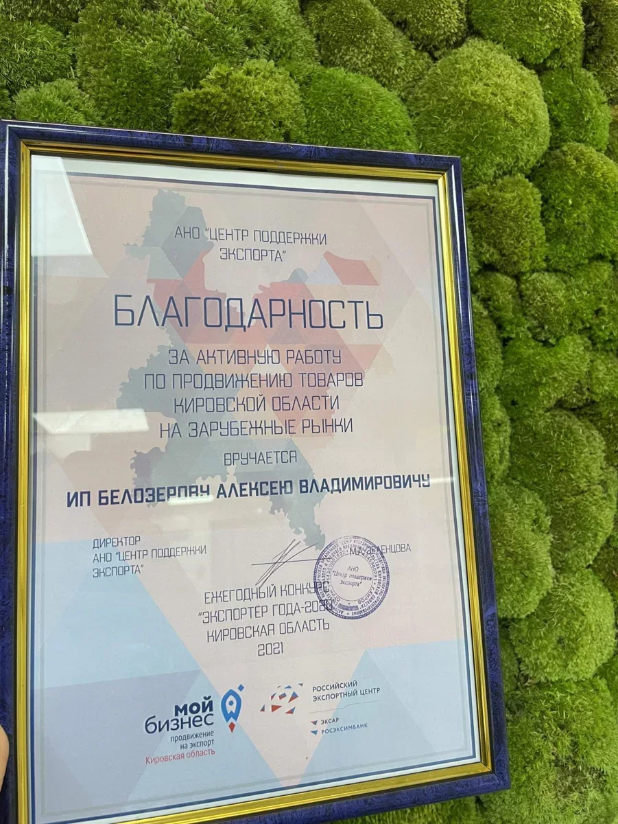 Благодарность Алексею Белозерову за продвижение товаров Кировской области на зарубежные рынки
